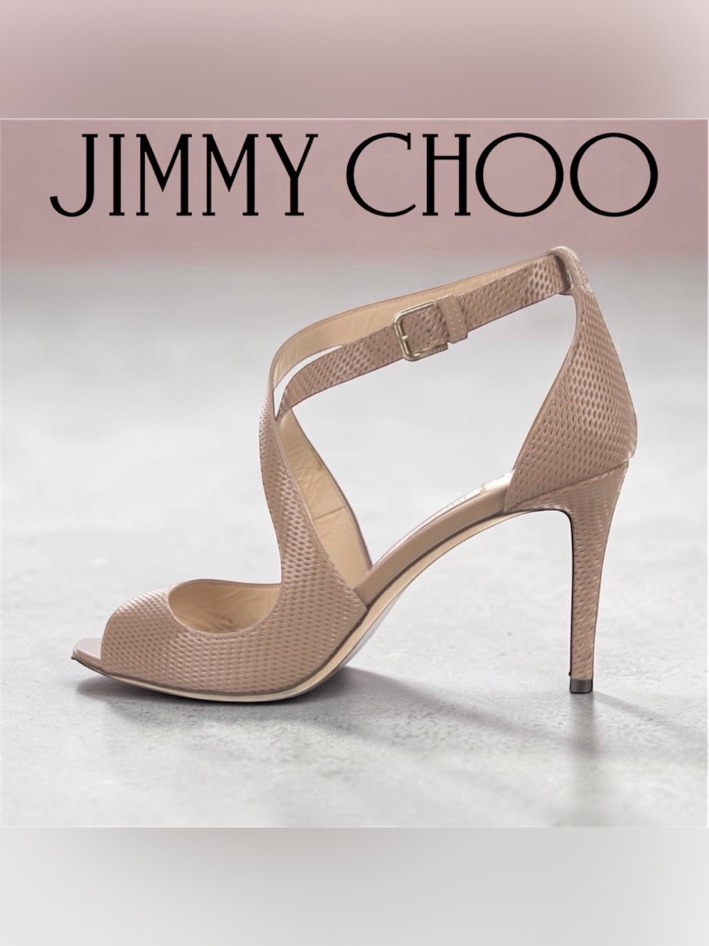 Jimmy Choo Emily 85 Ballet Pink Textured Stiletto Sandal with Ankle Strap